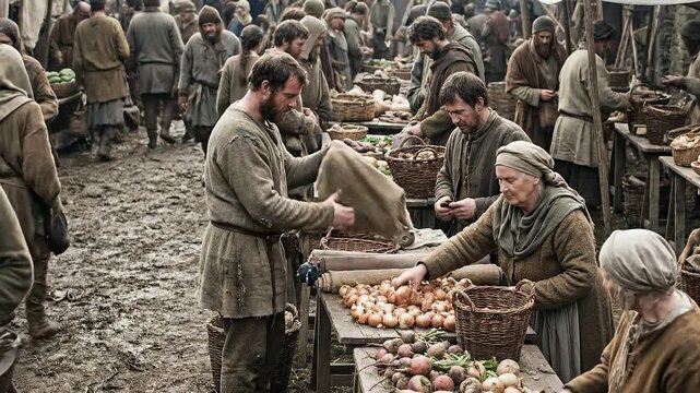 Men and women at a medieval outdoor market buying and selling fruits and vegetables from wooden stalls in an ancient village setting