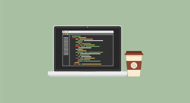 Laptop with coding screen and coffee cup.