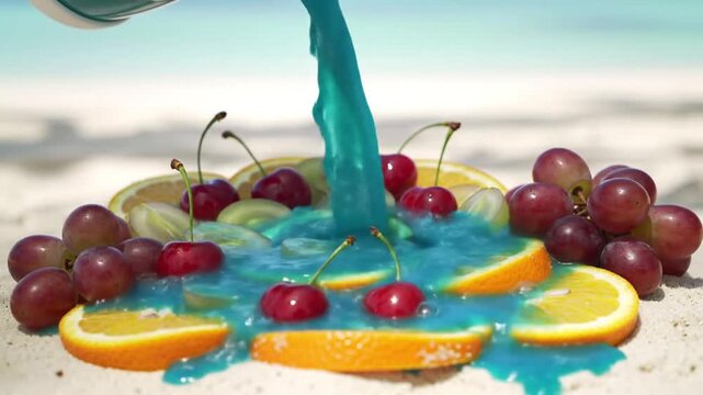 Refreshing blue liquid splashes over vibrant fruits on a sunny beach, creating a cool summer scene.