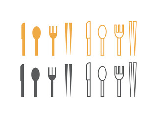 カトラリー（ナイフ、スプーン、フォーク、箸）のアイコンのイラストのセット