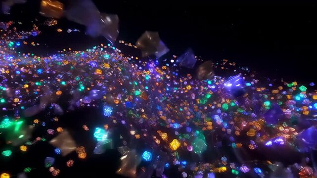 A massive river of colorful data packets flowing through a dark void representing big data transfer.