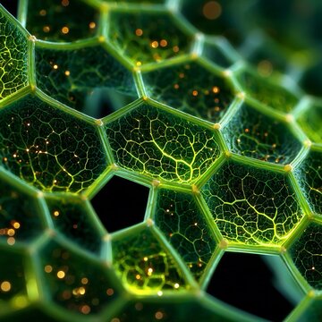 Immagine microscopica di cellule di una foglia, disposte a nido d'ape, con cellule esagonali che si intersecano e si sovrappongono,