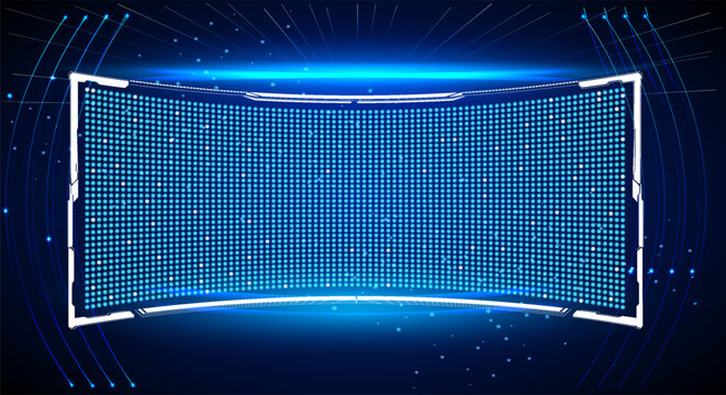 Digital display with blue lights in a dark space during a technology event showcasing modern designs and bright visuals
