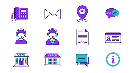 Vector customer service icons set, including phone, email, map pin, chat bubble, people, id card, building, and info symbols, for website, app, or UI design isolated on White Background
