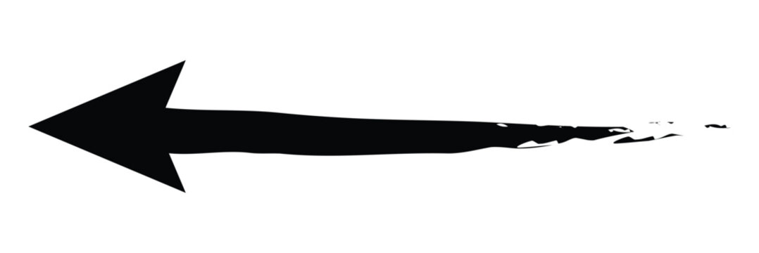 Hand drawn black ink brush stroke arrow pointing left with textured grunge edges isolated on white background for artistic direction and navigation.