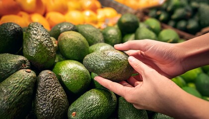 hands selecting a ripe hass avocado from a piled produce display at a market or supermarket