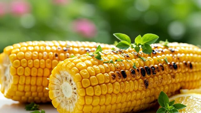 Grilled corn on the cob garnished with herbs in a vibrant setting.