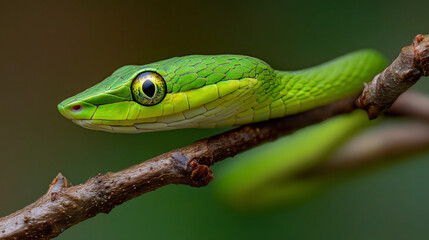 Fototapeta premium Extreme close-up of a vibrant green vine snake's head resting on a branch, revealing its intricate scales and eye.