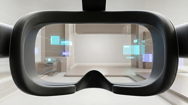 First person view through VR headset into futuristic digital room