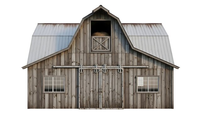 Old wooden barn with metal roof and hayloft door viewed from the front