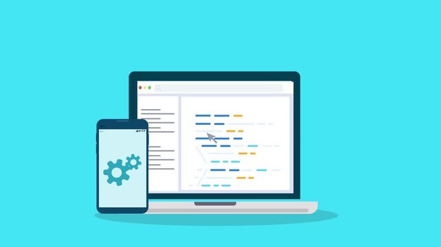 Laptop displaying programming interface with smartphone settings icon, representing mobile application configuration, development workflow, and digital technology.
