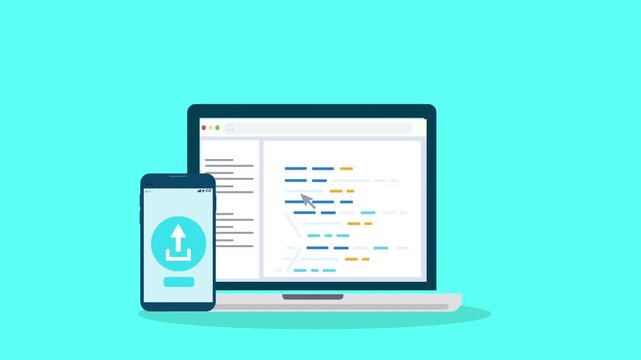 Laptop displaying programming interface with smartphone upload icon, representing mobile application transfer, development workflow, and digital technology.
