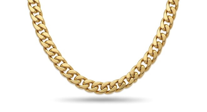 Classic gold cuban link chain necklace suspended in a 'U' shape against a clean white background.