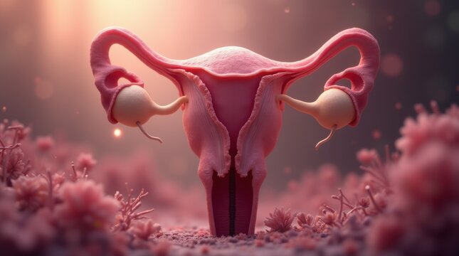 Female reproductive system anatomy with uterus and ovaries. Conceptual medical background for women health, disease and fertility awareness. Gynecological care science.