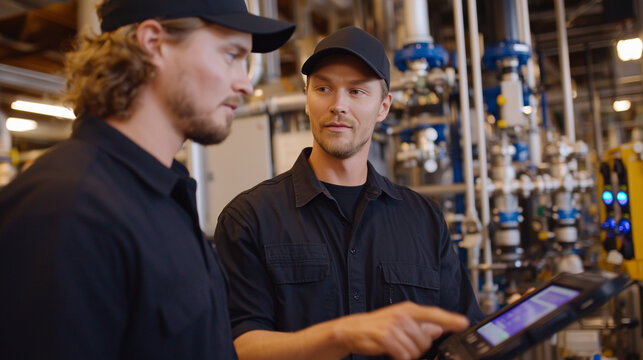 Cinematic side-angle view of a water testing station, technicians interacting with digital panels while monitoring sensor data, complex arrangement of pipes, gauges, and pumps crea