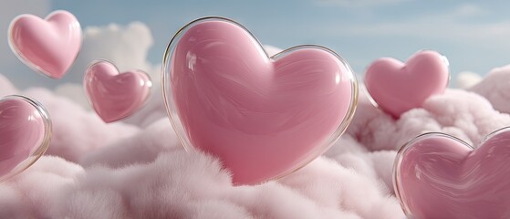 Obraz premium Floating soap bubbles in heart shapes move through pink clouds in a dreamy sky during daylight, bringing a fun and playful mood