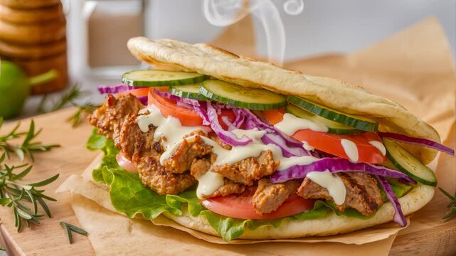 Hot chicken kebab sandwich with grilled meat vegetables and creamy sauce served in pita bread on wooden board with steam rising on kitchen background. Concept of appetizing street food cuisine