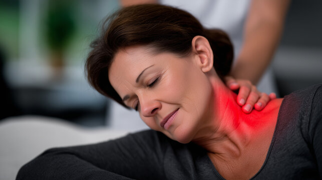 Medical-focused scene of a chiropractic session, mature woman face down, cervical spine highlighted with a red luminous overlay, indicating targeted adjustment area, realistic anat
