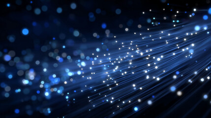 Fototapeta premium Macro-style cinematic shot of a fiber optic cable with illuminated tips, bright data streams traveling through translucent strands, digital nodes and network paths floating in the