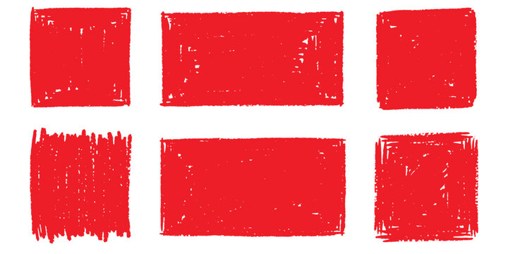 Vector set of red hand-drawn crayon textured boxes, collection of rough pencil sketch frames and rectangular scribble borders for artistic design.
