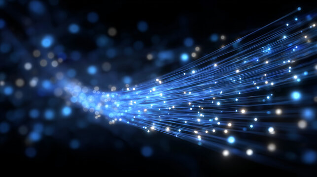 A futuristic visualization of a glowing fiber optic cable cutting through a digital space, interconnected nodes forming a web-like backdrop, flowing light signals representing seam