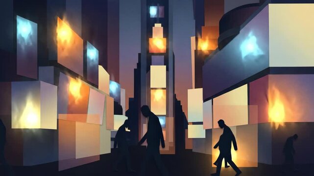 Silhouettes of men as zombies wandering through a darkened cityscape with glowing windows, illustrating themes of urban decay and destruction.