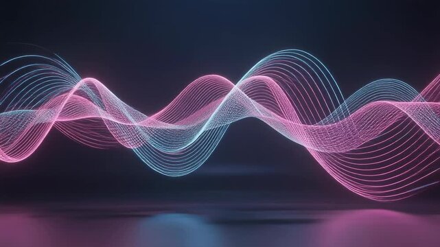 Abstract glowing pink and blue sound waves on dark background with modern digital technology concept
