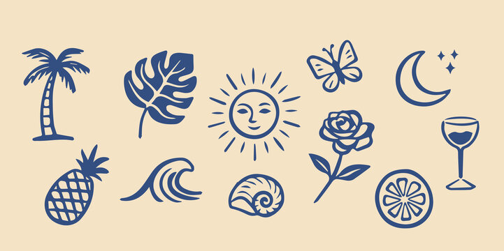 Tropical nature doodle elements line art vector illustration