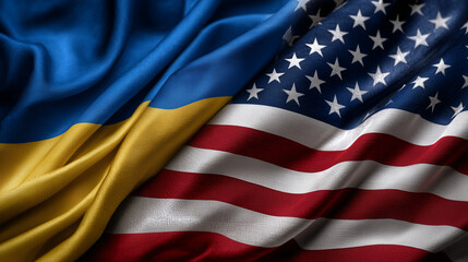 Obraz premium Close-up of the three flags draped together on a grungy textured background, intricate folds and visible fabric weave illuminated by dramatic light, Ukrainian and Russian flags on