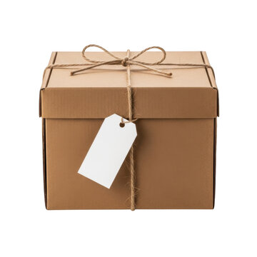 Brown cardboard box with string and tag isolated on transparent background