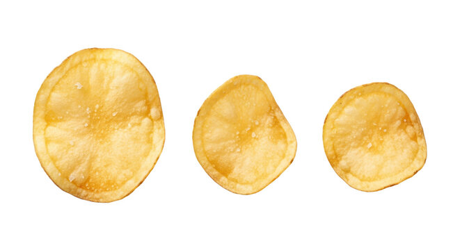 Three crispy golden potato chips isolated on white background, perfect for snack food promotions