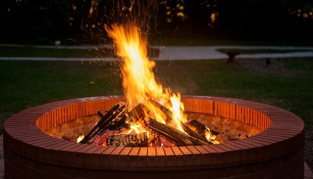 A Roaring Bonfire In A Circular Brick Fire Pit With Flames Licking Upwards