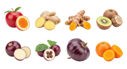 Various fresh exotic fruits and roots including acerola cherry, ginger, turmeric, kiwi, mangosteen, red onion, and apricot sliced and whole, perfect for food-related content