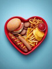 heart shaped plate with fast food
