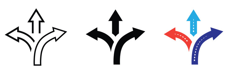 three way directional arrow choices option icon. road traffic direction arrow. alternate Route signs. vector illustration on transparent background.  © Solayman