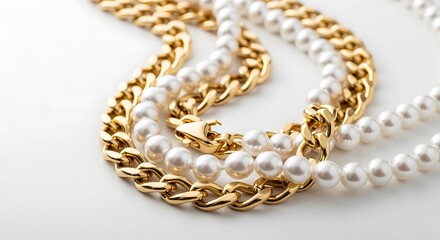 Obraz premium Elegant combination of gold chain and pearls in a necklace. Classic luxury.