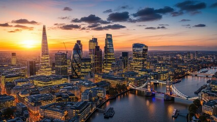 London cityscape at sunset with modern skyscrapers and river thames urban landscape with bridge