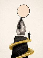 A businessman climbs a spiral staircase that wraps around a hand with a magnifying glass.