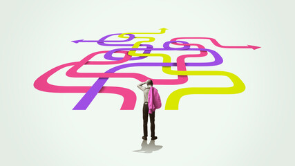 A man stands before the beginning of a labyrinth. Art collage.