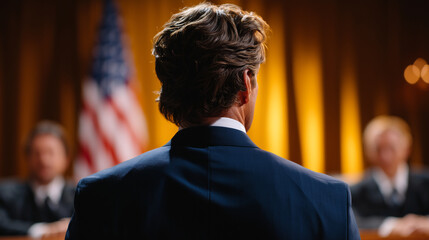 Fototapeta premium Cinematic close-up of the backlit silhouette of a man in a dark suit before a congressional panel, judges and attorneys focused in the foreground, US flag illuminated behind, drama