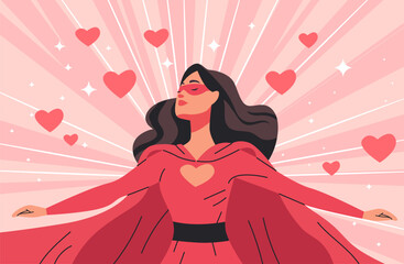 8 March womens day superhero woman power concept female in red cape surrounded by hearts rays pink background celebration theme
