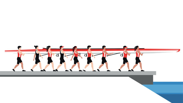 Team of rowers carrying boat on dock in flat design