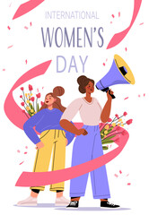 8 March womens day celebration two diverse women flowers megaphone pink ribbon confetti flat colorful style festive scene