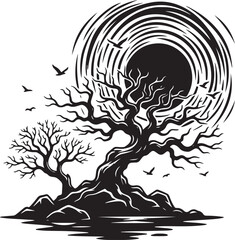 A black and white vector illustration of a wild tiger head and tree with roots in a tribal tattoo art design with a seamless nature pattern