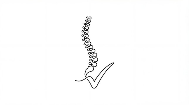 Continuous line drawing of human spine merging into check mark. Represents bone health and medical diagnostics. Perfect for clinic logos or chiropractic designs.