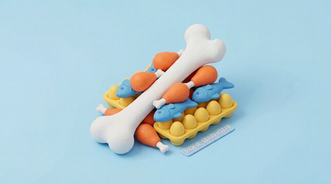 Plasticine composition of big white bone with eggs, fish and chicken on blue background. Concept of healthy diet rich in calcium and protein. Great for medical or nutrition banners.
