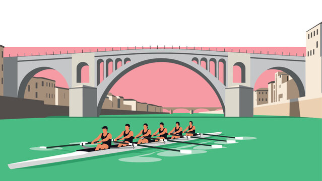 Team rowing on scenic river under majestic stone bridge in minimal flat design