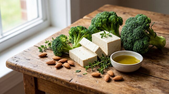 Fresh tofu, broccoli, almonds and olive oil on wooden table. Healthy ingredients rich in calcium for strong bones and vegan diet. Concept of nutrition and wellness.