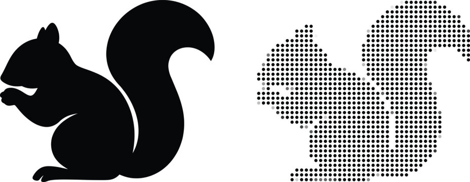 Black squirrel silhouette and pixel art vector icon set isolated on white