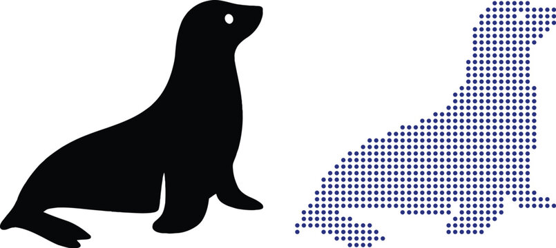 Black seal silhouette vector icon and blue dotted seal shape isolated on white